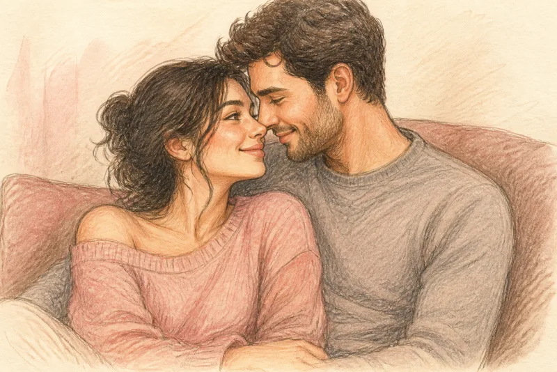 A warm hand-drawn memory sketch of two people sitting together