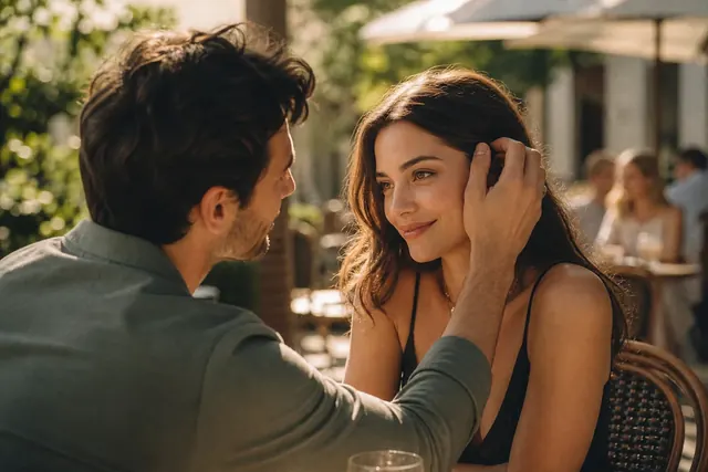 A couple sharing a joyful birthday moment at an outdoor cafe terrace