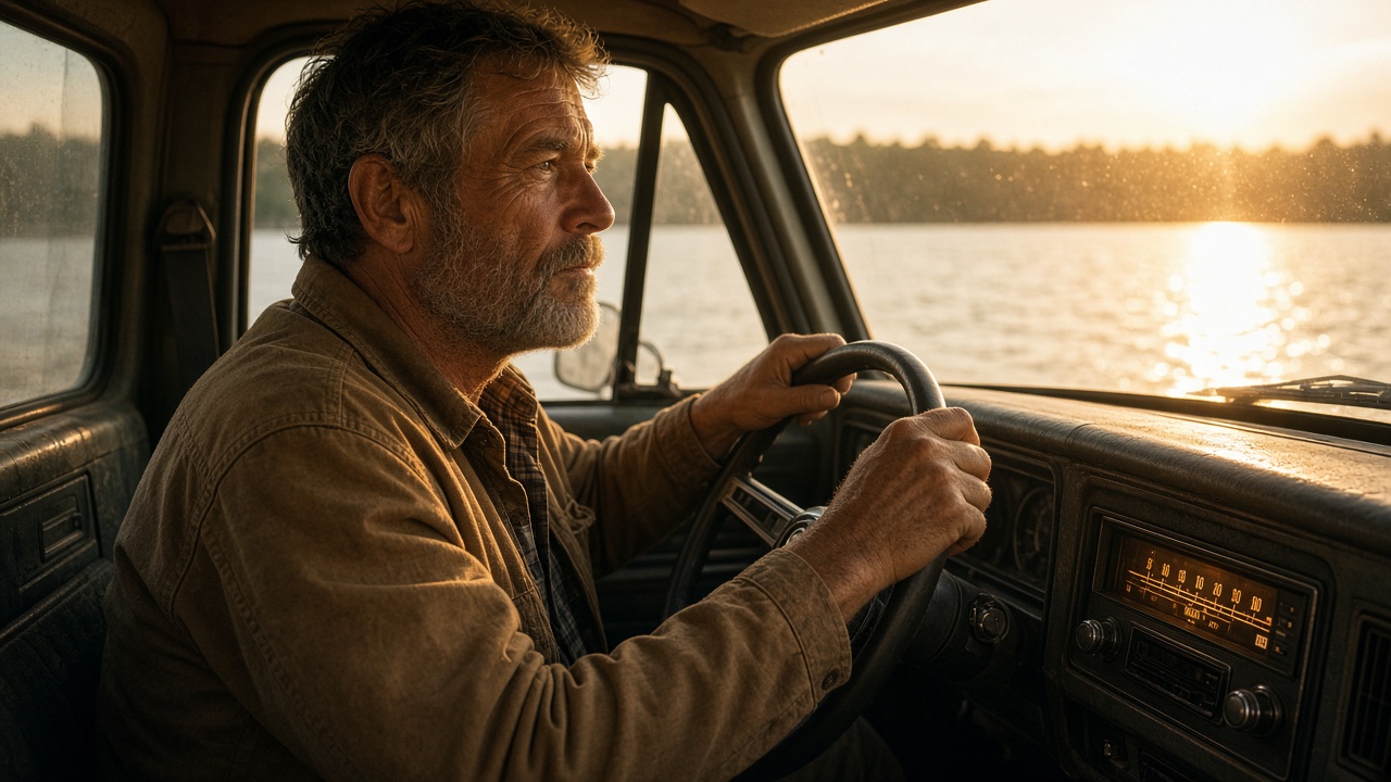 Father in his classic weathered truck at sunset, hands on the steering wheel, gazing thoughtfully and emotionally out the window