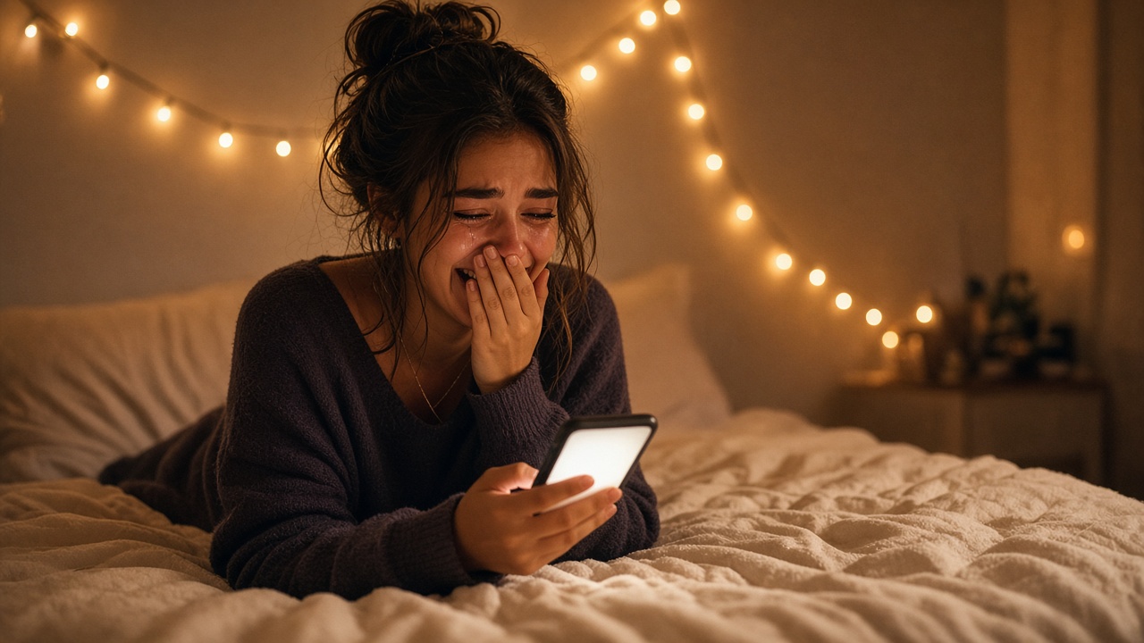 Young woman sitting in her cozy bedroom illuminated by fairy lights, holding her phone and covering her mouth in happy emotional tears