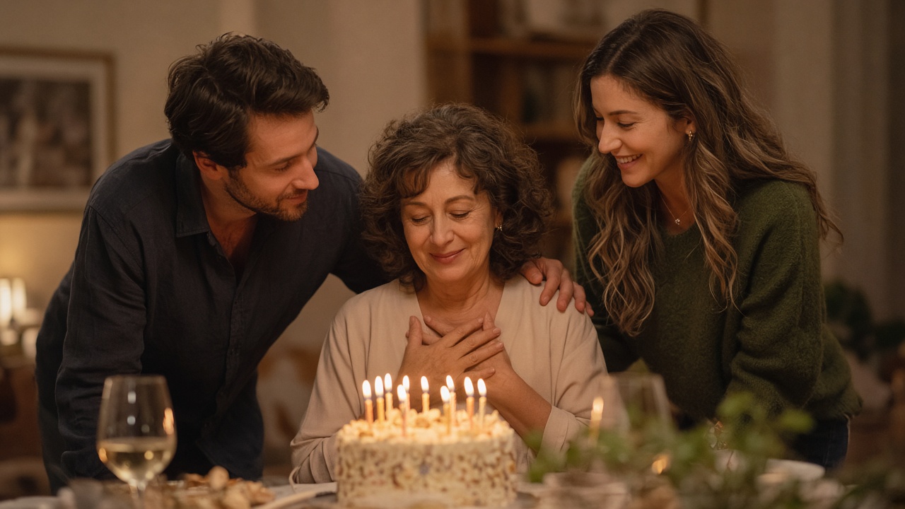 Mother at her birthday dinner table with lit candles, hands over her heart, touched to tears with her loving children