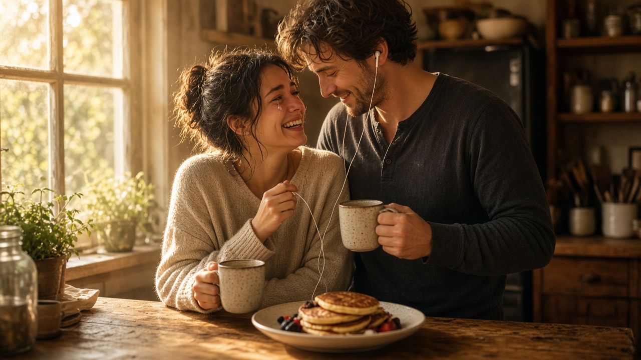 A couple in their warm morning kitchen sharing earphones, wife touched to happy tears while listening to her song